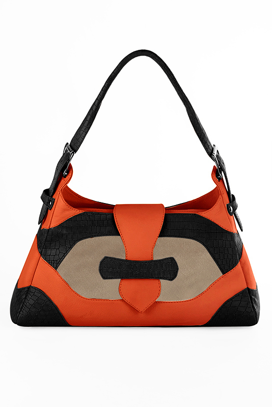 Satin black, tan beige and clementine orange women's dress handbag, matching pumps and belts. Top view - Florence KOOIJMAN